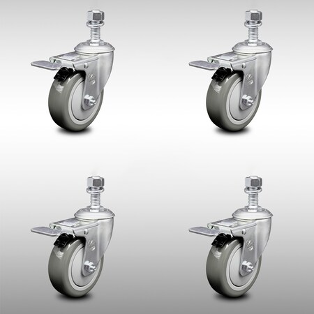 Service Caster 4 Inch SS Gray Polyurethane 12mm Threaded Stem Caster Set Total Lock Brake SCC-SSTSTTL20S414-PPUB-M1215-4